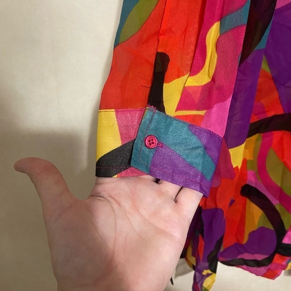 Live 4 Truth LIKE NEW colorful eclectic roll tab sleeve long line sheer tunic M - Picture 3 of 6